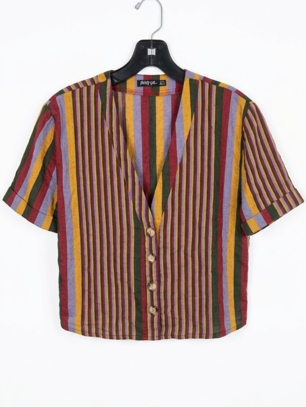 Nasty Gal Striped V-Neck Button Front Crop Top Boho 70s Size  2